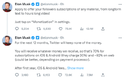 马斯克宣布推特将上线付费订阅：含长文本和长视频，不对创作者额外抽成 1