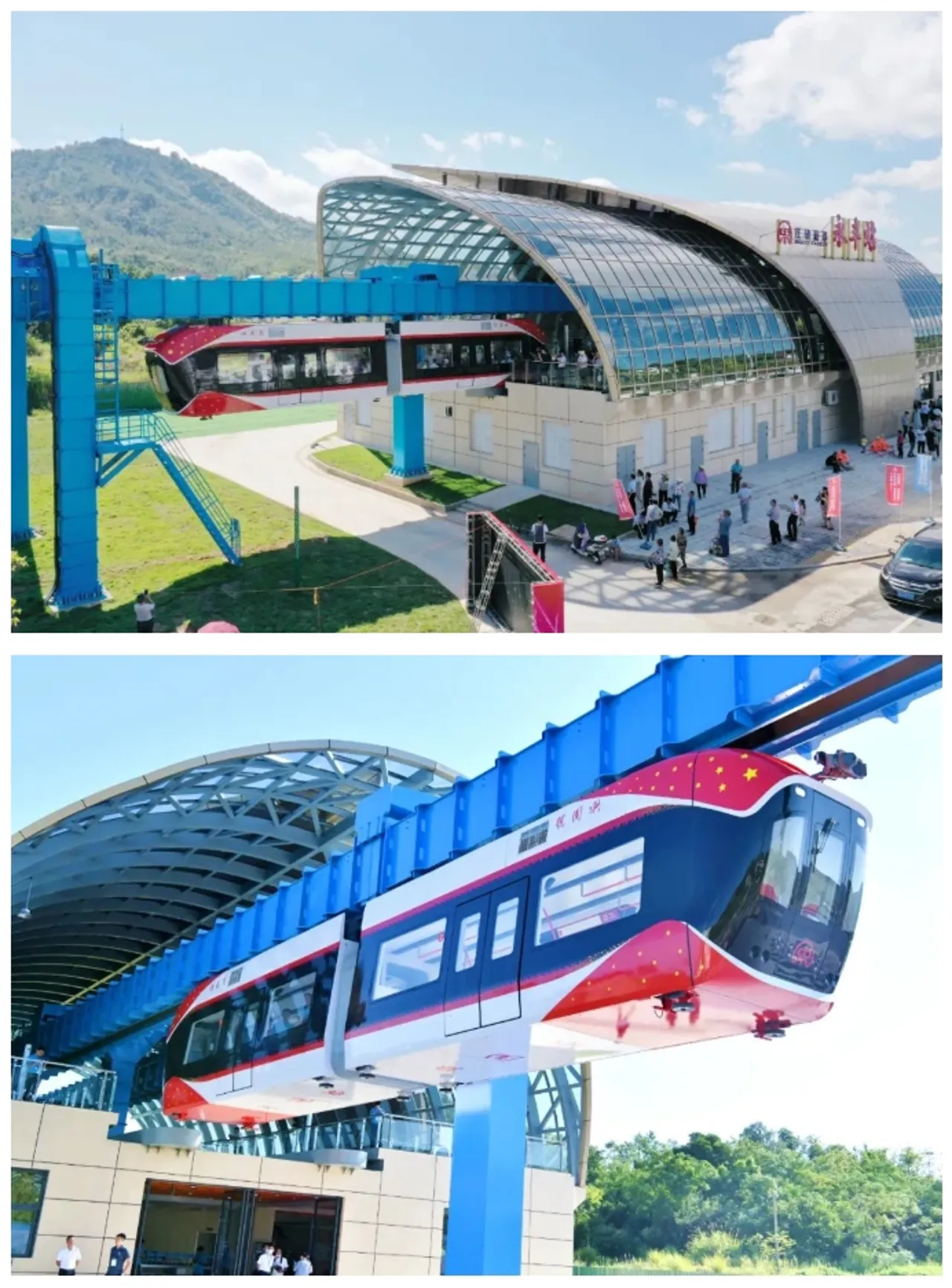 中国新型“空中列车”使用磁铁和人工智能漂浮在高架轨道下